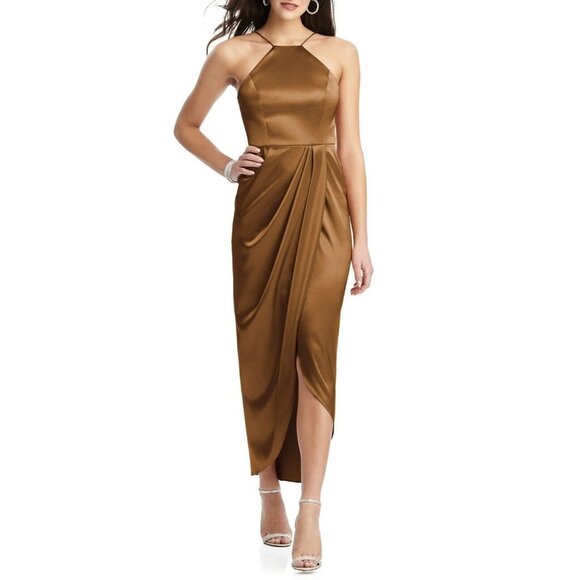After‎ Six Womens Charmeuse Halter Neck Stretch Satin Toffee Midi Dress SZ 12R - Picture 1 of 10